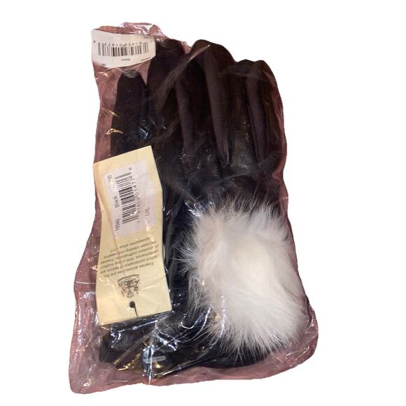 Fownes Brothers Lord &Taylor Black Leather Gloves Rabbit Fur Pom Touchscreen NWT - Picture 1 of 10